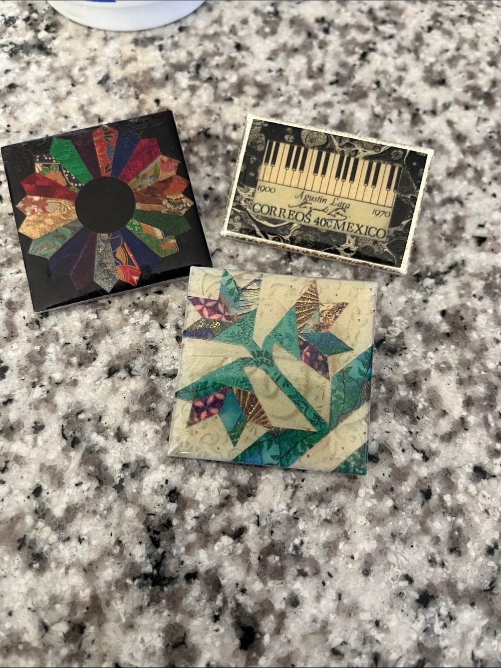 Set of Three Vintage DES POSTAGES Tile Pins - Multicolor